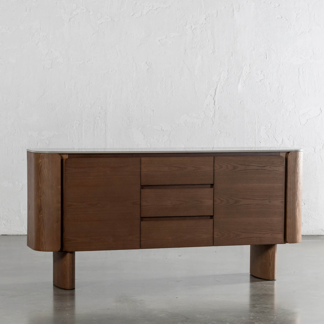 TREVELO SIDEBOARD  |  DEEP WALNUT WOOD GRAIN  |  VALENTINA GRIGIO CERAMICA TOP
