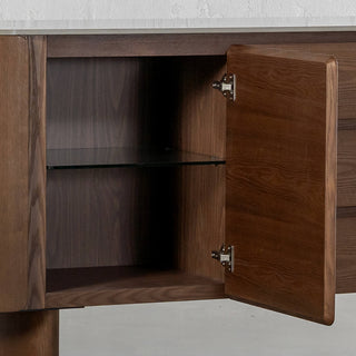 TREVELO SIDEBOARD  |  WALNUT WOOD GRAIN  |  VALENTINA GRIGIO CERAMICA TOP | DOOR OPEN CLOSEUP