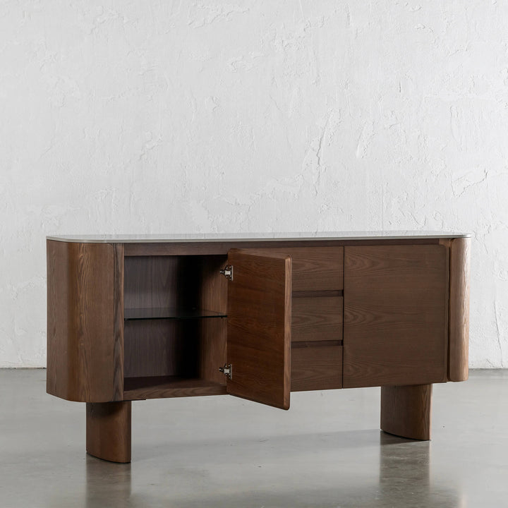 TREVELO SIDEBOARD  |  DEEP WALNUT WOOD GRAIN  |  VALENTINA GRIGIO CERAMICA TOP