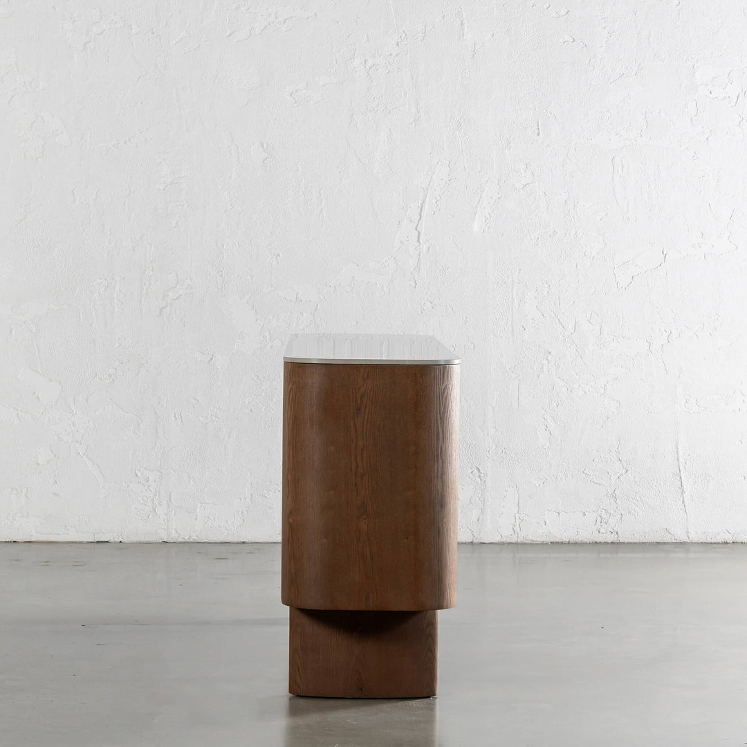 TREVELO SIDEBOARD  |  DEEP WALNUT WOOD GRAIN  |  VALENTINA GRIGIO CERAMICA TOP