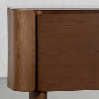TREVELO SIDEBOARD  |  WALNUT WOOD GRAIN  |  VALENTINA GRIGIO CERAMICA TOP | COUNDED CORNER + TOP THICKNESS CLOSEUP