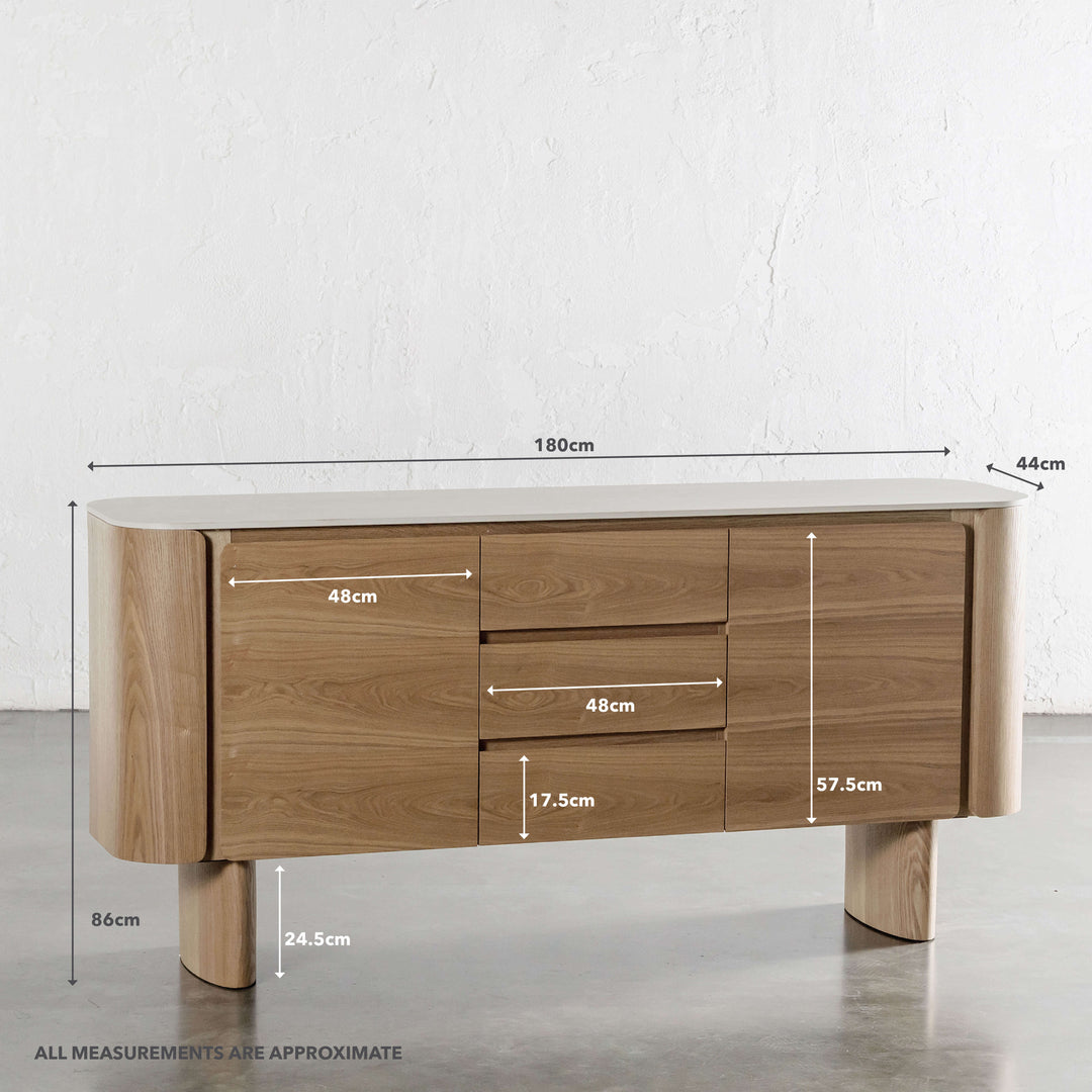 TREVELO SIDEBOARD  |  BIRCH ASH WOOD GRAIN  |  TRAVERTINE TUMBLED BEIGE CERAMICA TOP | MEASUREMENTS