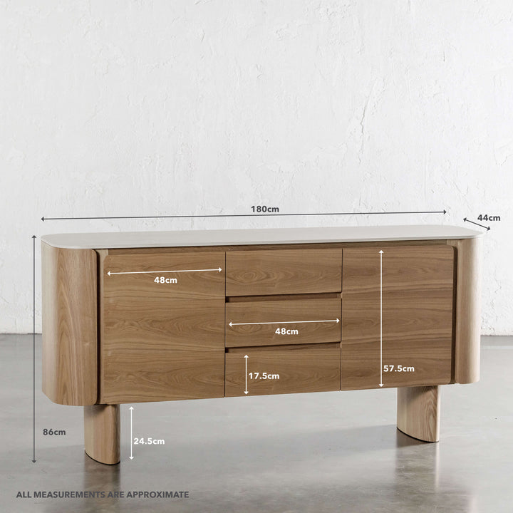 TREVELO SIDEBOARD  |  BIRCH ASH WOOD GRAIN  |  TRAVERTINE TUMBLED BEIGE CERAMICA TOP | MEASUREMENTS