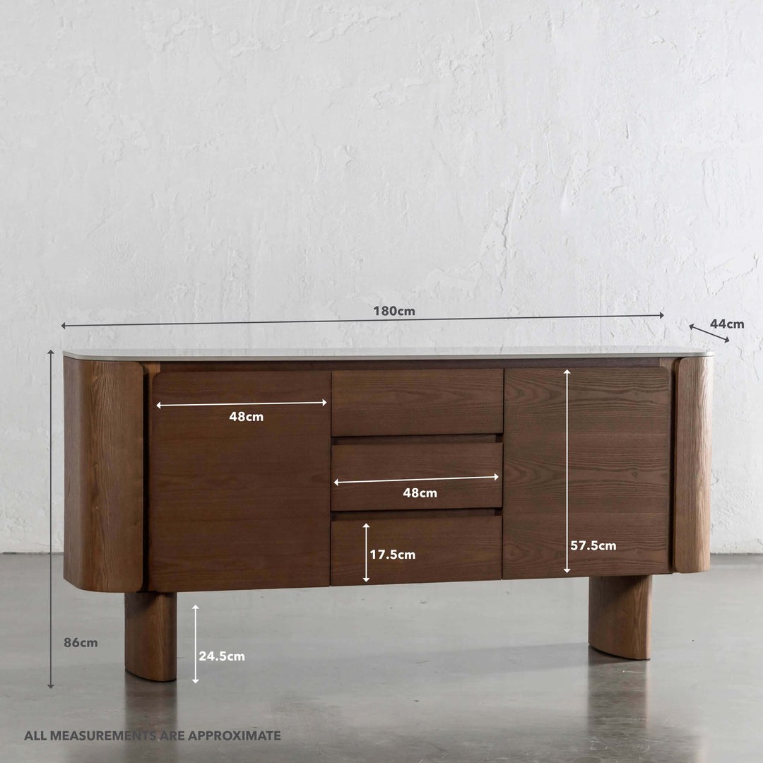 TREVELO SIDEBOARD  |  DEEP WALNUT WOOD GRAIN  |  VALENTINA GRIGIO CERAMICA TOP | MEASUREMENTS
