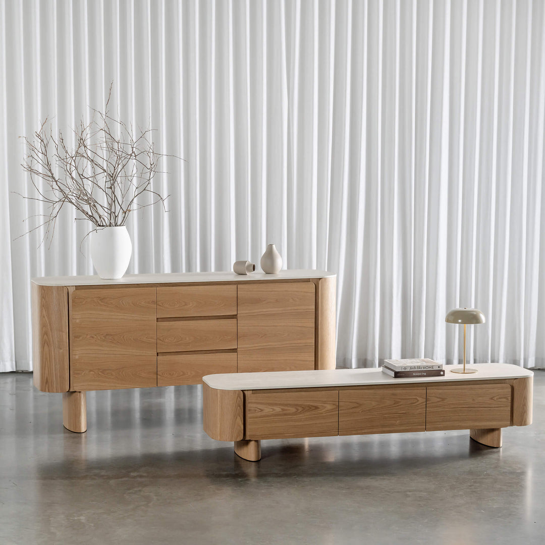 TREVELO SIDEBOARD + ENTERTAINMENT UNIT  |  BIRCH ASH WOOD GRAIN  |  TRAVERTINE TUMBLED BEIGE CERAMICA TOP