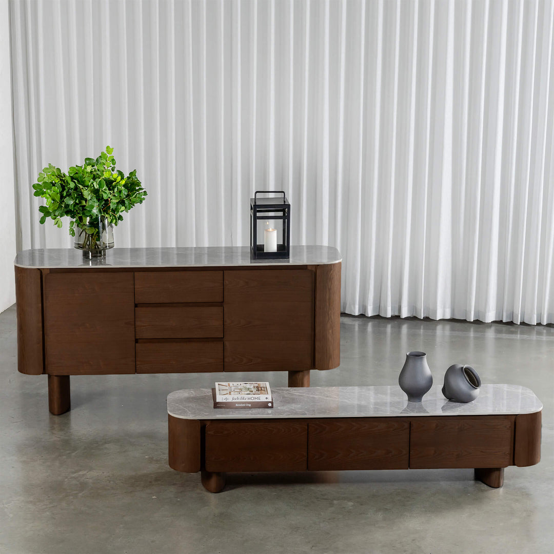 TREVELO SIDEBOARD  |  DEEP WALNUT WOOD GRAIN  |  VALENTINA GRIGIO CERAMICA TOP