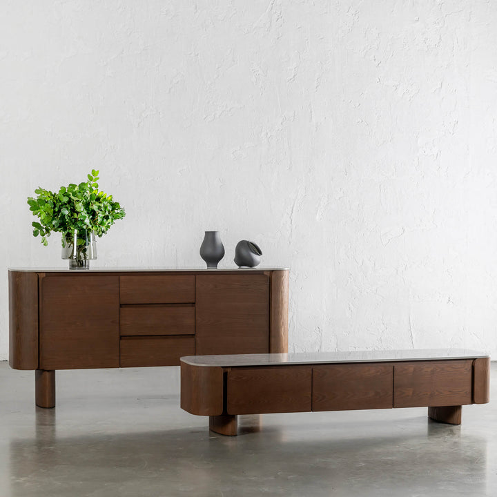 TREVELO SIDEBOARD + ENTERTAINMENT UNIT  |  DEEP WALNUT WOOD GRAIN  |  VALENTINA GRIGIO CERAMICA TOP