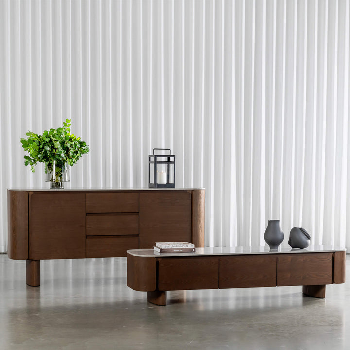 TREVELO ENTERTAINMENT UNIT  |  DEEP WALNUT WOOD GRAIN  |  VALENTINA GRIGIO CERAMICA TOP