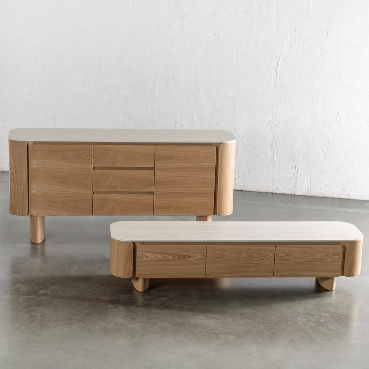 TREVELO ENTERTAINMENT UNIT  + SIDEBOARD  |  BIRCH ASH WOOD GRAIN  |  TRAVERTINE TUMBLED BEIGE CERAMICA TOP