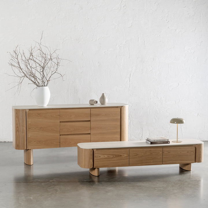 TREVELO ENTERTAINMENT UNIT  |  BIRCH ASH WOOD GRAIN  |  TRAVERTINE TUMBLED BEIGE CERAMICA TOP