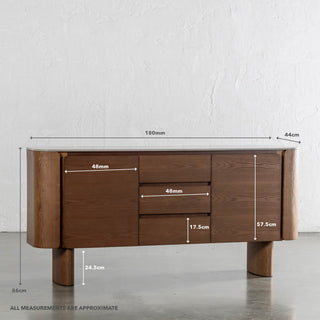 TREVELO SIDEBOARD | WALNUT WOOD GRAIN | VALENTINA GRIGIO CERAMICA TOP | MEASUREMENTS