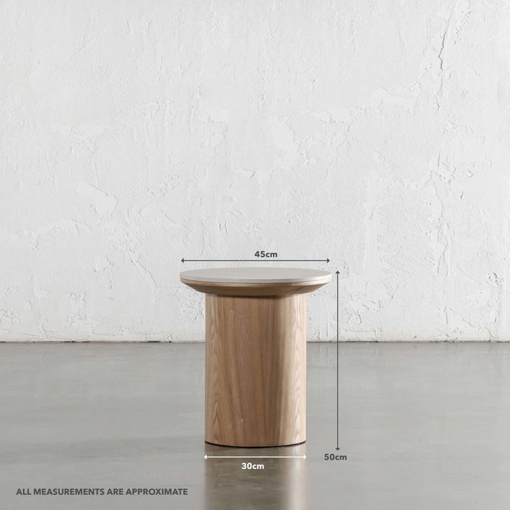 TREVELO SIDE TABLE  |  BIRCH ASH WOOD GRAIN  |  TRAVERTINE TUMBLED BEIGE CERAMICA TOP | MEASUREMENTS