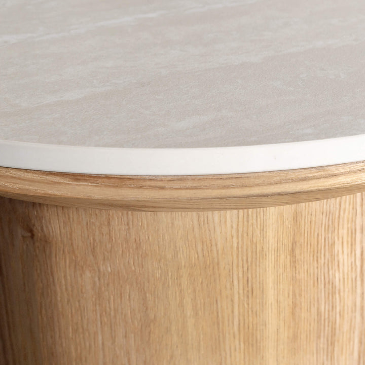 TREVELO SIDE TABLE  |  BIRCH ASH WOOD GRAIN  |  TRAVERTINE TUMBLED BEIGE CERAMICA TOP