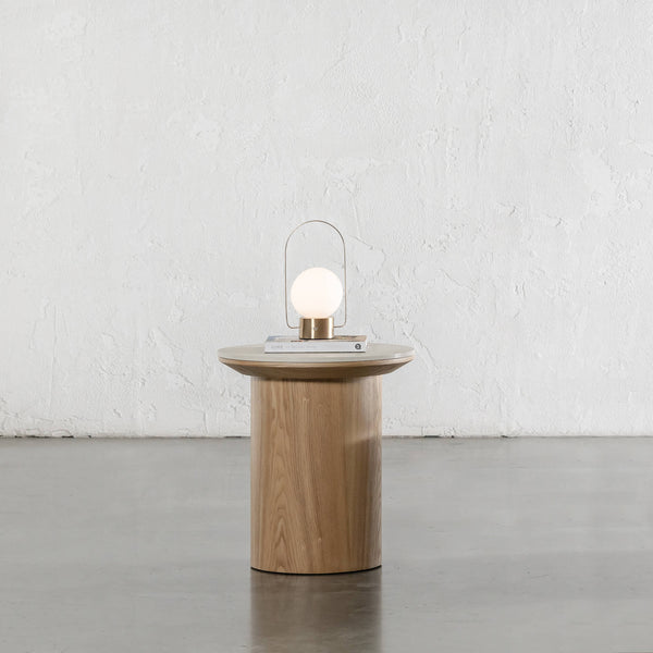 TREVELO SIDE TABLE  |  BIRCH ASH WOOD GRAIN  |  TRAVERTINE TUMBLED BEIGE CERAMICA TOP