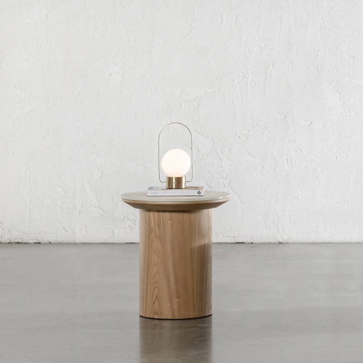 TREVELO SIDE TABLE  |  BIRCH ASH WOOD GRAIN  |  TRAVERTINE TUMBLED BEIGE CERAMICA TOP
