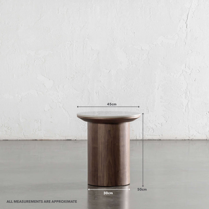 TREVELO SIDE TABLE  |  DEEP WALNUT WOOD GRAIN  |  CARRARA BIANCO CERAMICA TOP | MEASUREMENTS