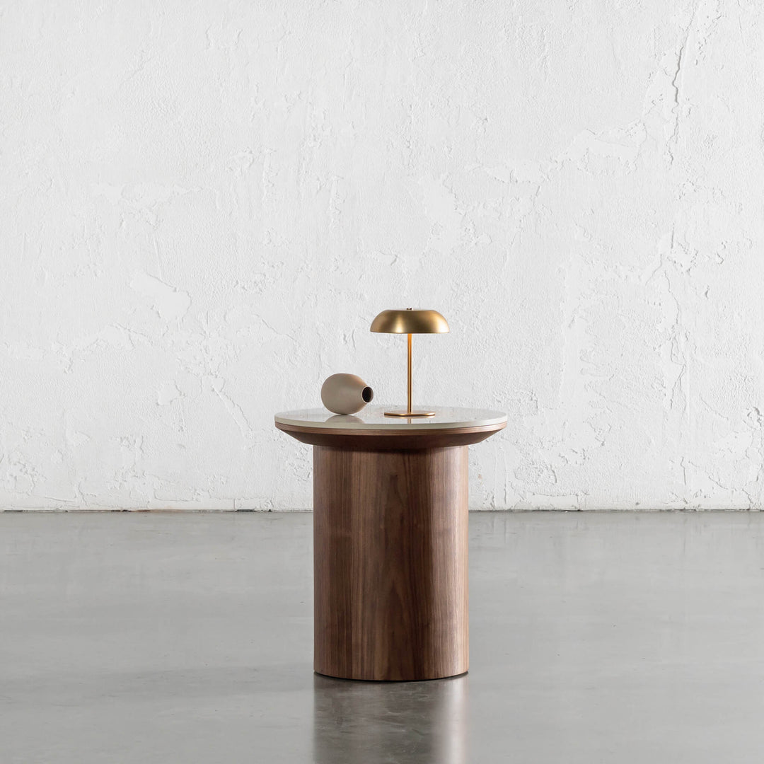 TREVELO SIDE TABLE  |  DEEP WALNUT  WOOD GRAIN  |  CARRARA BIANCO CERAMICA TOP