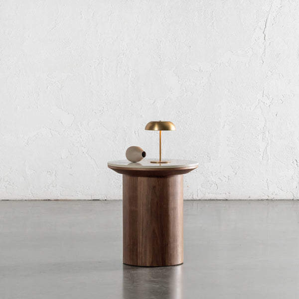 TREVELO SIDE TABLE  |  DEEP WALNUT  WOOD GRAIN  |  CARRARA BIANCO CERAMICA TOP