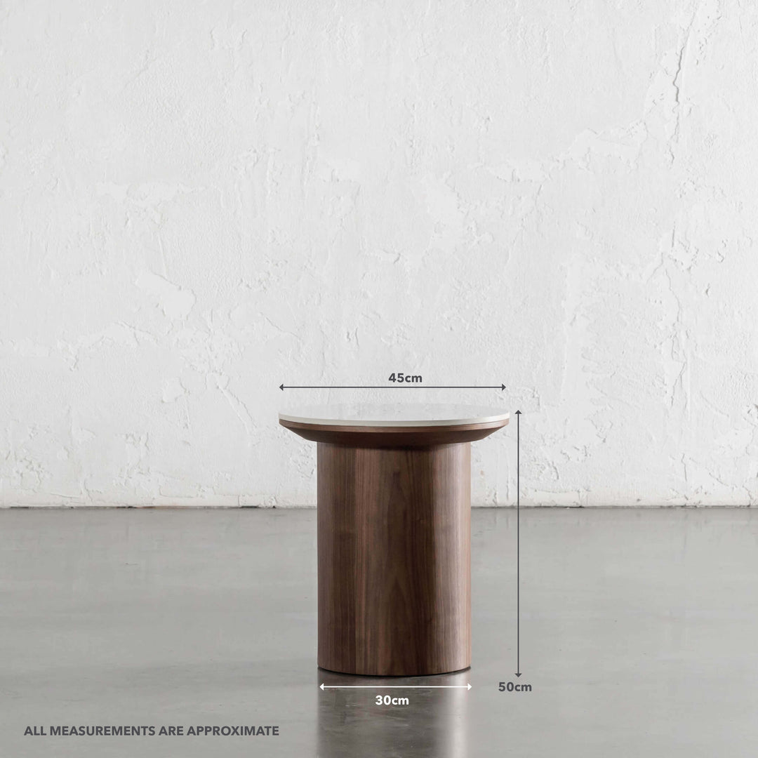 TREVELO SIDE TABLE  |  DEEP WALNUT WOOD GRAIN  |  CARRARA BIANCO CERAMICA TOP | MEASUREMENTS