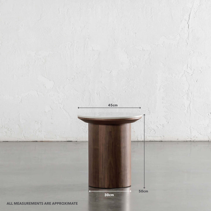 TREVELO SIDE TABLE  |  DEEP WALNUT WOOD GRAIN  |  CARRARA BIANCO CERAMICA TOP | MEASUREMENTS