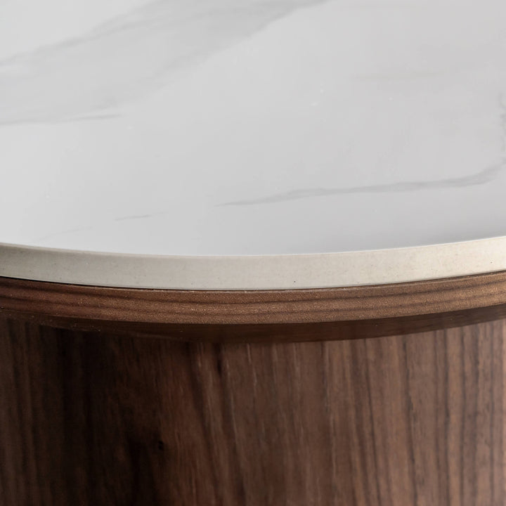 TREVELO TABLE  |  DEEP WALNUT  WOOD GRAIN  |  CARRARA BIANCO CERAMICA TOP