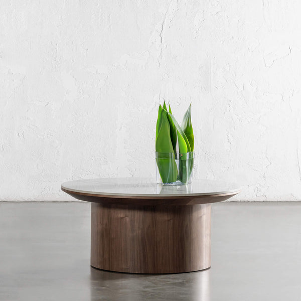 TREVELO COFFEE TABLE  |  DEEP WALNUT WOOD GRAIN  |  CARRARA BIANCO CERAMICA TOP