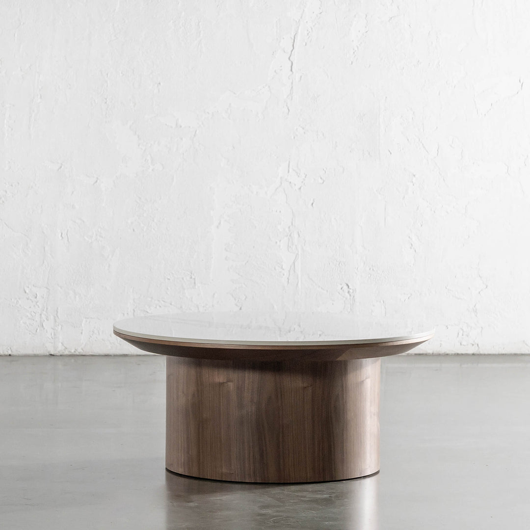 TREVELO COFFEE TABLE  |  DEEP WALNUT WOOD GRAIN  |  CARRARA BIANCO CERAMICA TOP