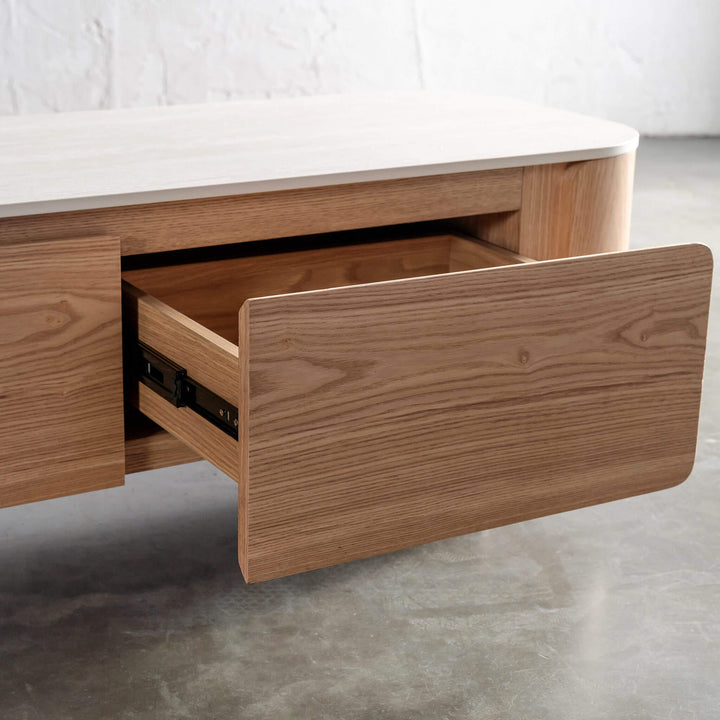 TREVELO ENTERTAINMENT UNIT  |  BIRCH ASH  WOOD GRAIN  |  TRAVENTINE TUMBLED BEIGE