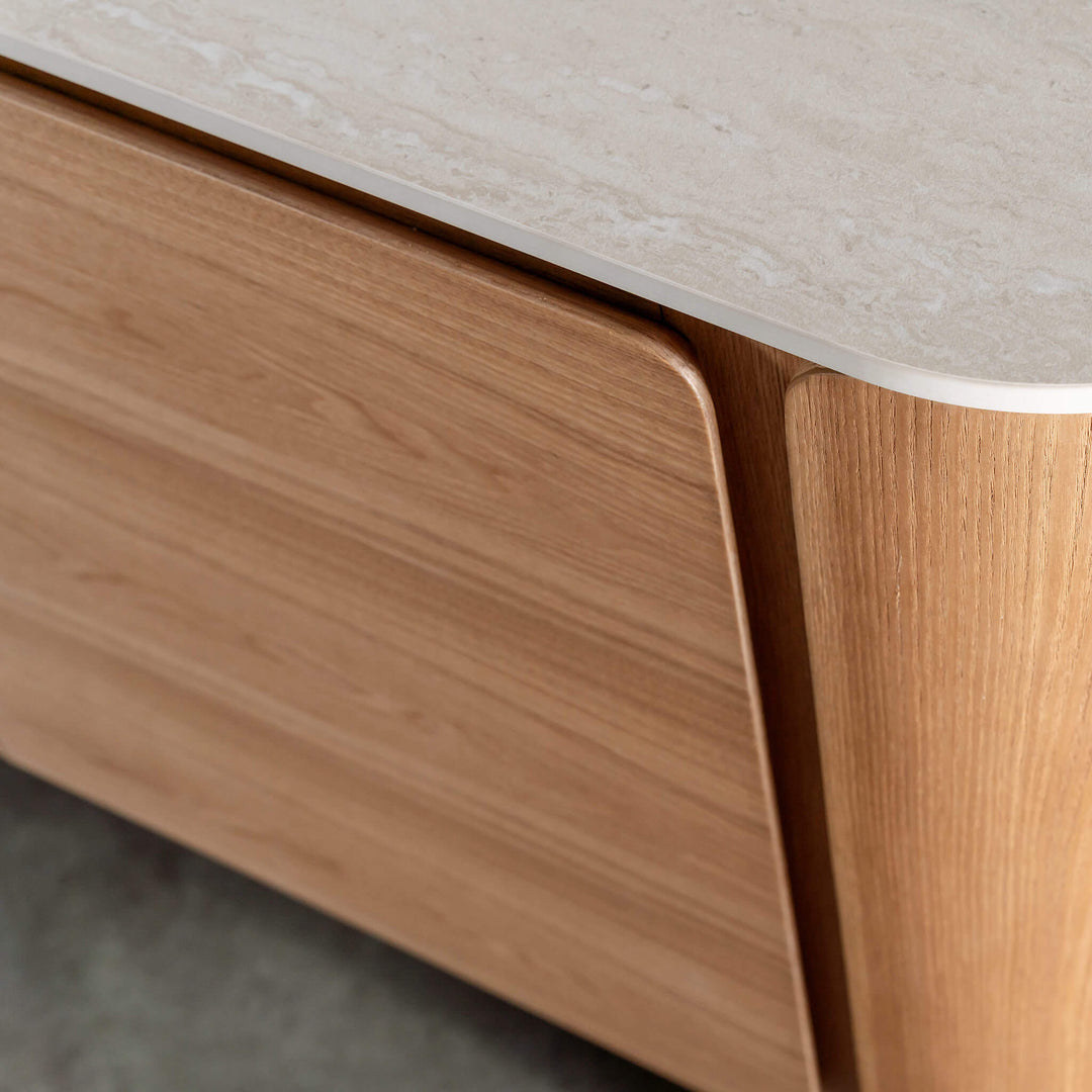 TREVELO ENTERTAINMENT UNIT  |  BIRCH ASH  WOOD GRAIN  |  TRAVENTINE TUMBLED BEIGE