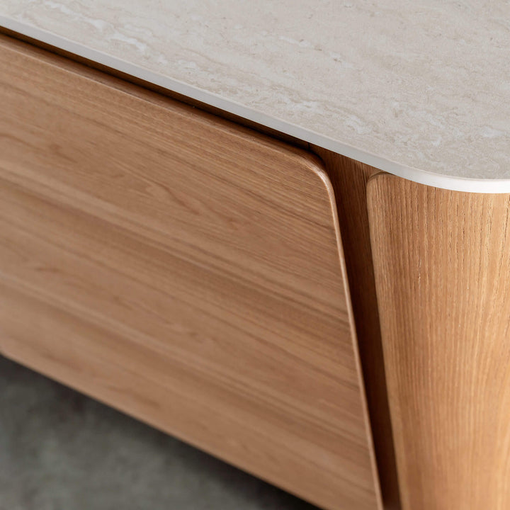 TREVELO ENTERTAINMENT UNIT  |  BIRCH ASH  WOOD GRAIN  |  TRAVENTINE TUMBLED BEIGE