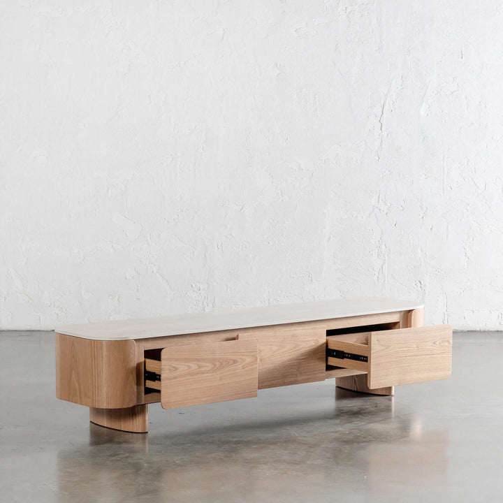 TREVELO ENTERTAINMENT UNIT  |  BIRCH ASH  WOOD GRAIN  |  TRAVENTINE TUMBLED BEIGE