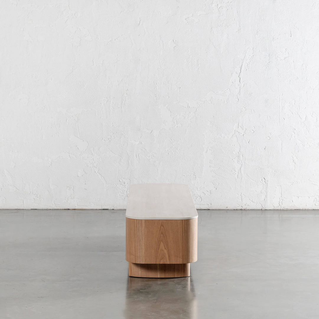 TREVELO ENTERTAINMENT UNIT  |  BIRCH ASH  WOOD GRAIN  |  TRAVENTINE TUMBLED BEIGE