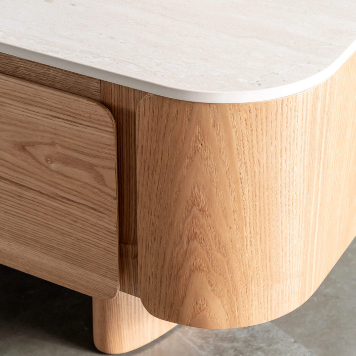 TREVELO ENTERTAINMENT UNIT  |  BIRCH ASH  WOOD GRAIN  |  TRAVENTINE TUMBLED BEIGE