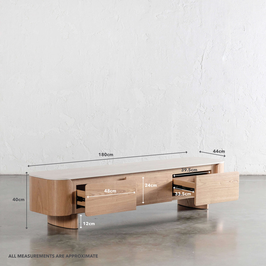 TREVELO ENTERTAINMENT UNIT  |  BIRCH ASH  WOOD GRAIN  |  TRAVENTINE TUMBLED BEIGE