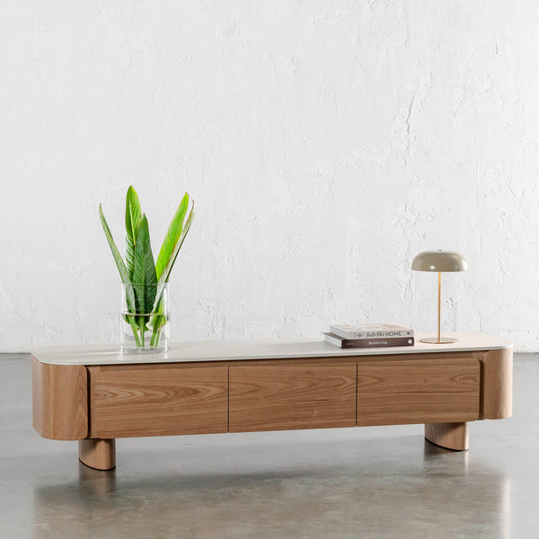 TREVELO ENTERTAINMENT UNIT  |  BIRCH ASH WOOD GRAIN  |  TRAVERTINE TUMBLED BEIGE CERAMICA TOP