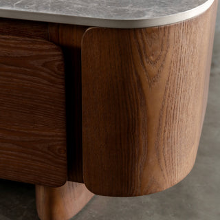 TREVELO ENTERTAINMENT UNIT  |  WALNUT WOOD GRAIN  |  VALENTINA GRIGIO CERAMICA TOP | ROUNDED CORNER CLOSEUP