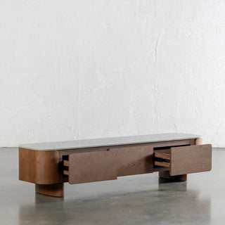 Trevelo Entertainment Unit  |  Walnut Wood Grain  |  Valentina Grigio Ceramica Top