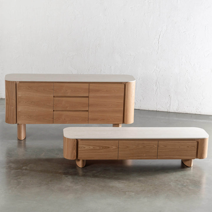 TREVELO SIDEBOARD + ENT UNIT  |  BIRCH ASH WOOD GRAIN  |  TRAVENTINE TUMBLED BEIGE
