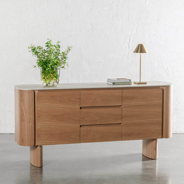 TREVELO SIDEBOARD  |  BIRCH ASH WOOD GRAIN  |  TRAVENTINE TUMBLED BEIGE
