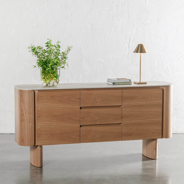 TREVELO SIDEBOARD  |  BIRCH ASH WOOD GRAIN  |  TRAVERTINE TUMBLED BEIGE CERAMICA TOP
