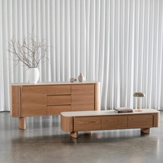 TREVELO SIDEBOARD + ENT UNIT  |  BIRCH ASH WOOD GRAIN  |  TRAVENTINE TUMBLED BEIGE