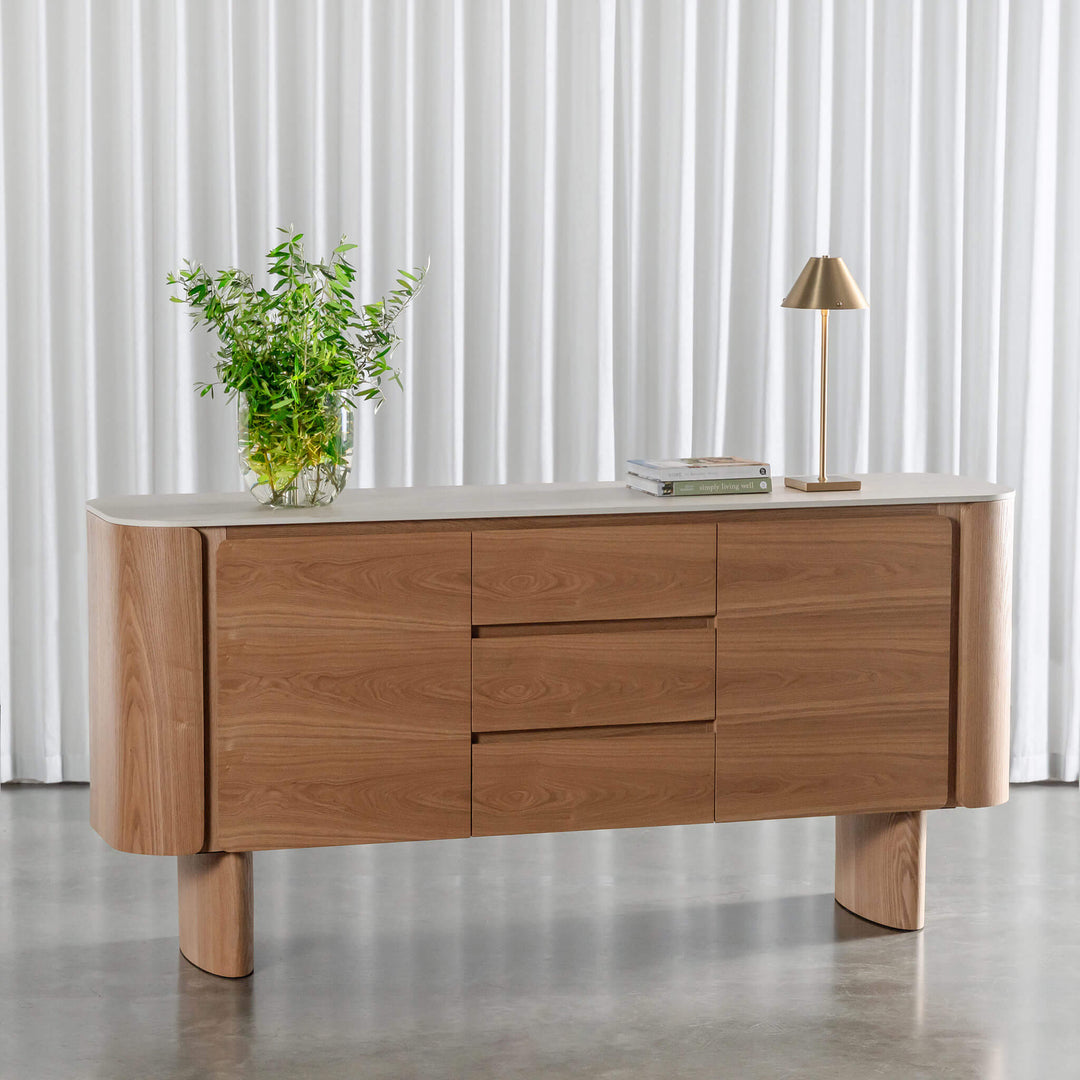 TREVELO SIDEBOARD  |  BIRCH ASH WOOD GRAIN  |  TRAVENTINE TUMBLED BEIGE