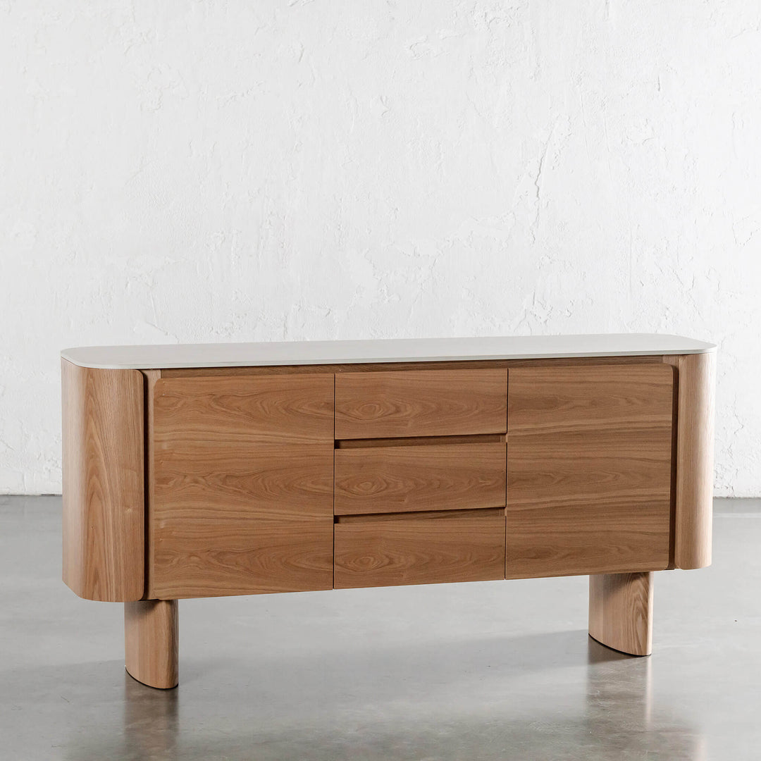 TREVELO SIDEBOARD  |  BIRCH ASH WOOD GRAIN  |  TRAVENTINE TUMBLED BEIGE