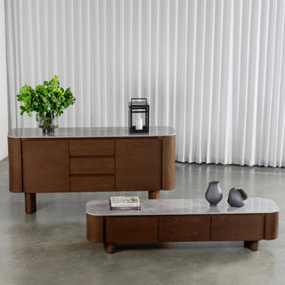 Trevelo Entertainment Unit + Sideboard  |  Walnut Wood Grain  |  Valentina Grigio Ceramica Top