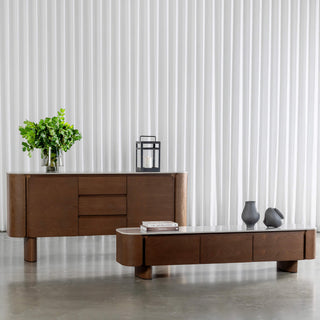 Trevelo Entertainment Unit + Sideboard  |  Walnut Wood Grain  |  Valentina Grigio Ceramica Top