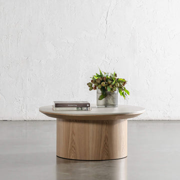 TREVELO COFFEE TABLE  |  BIRCH ASH WOOD GRAIN  |  TRAVERTINE TUMBLED BEIGE CERAMICA TOP