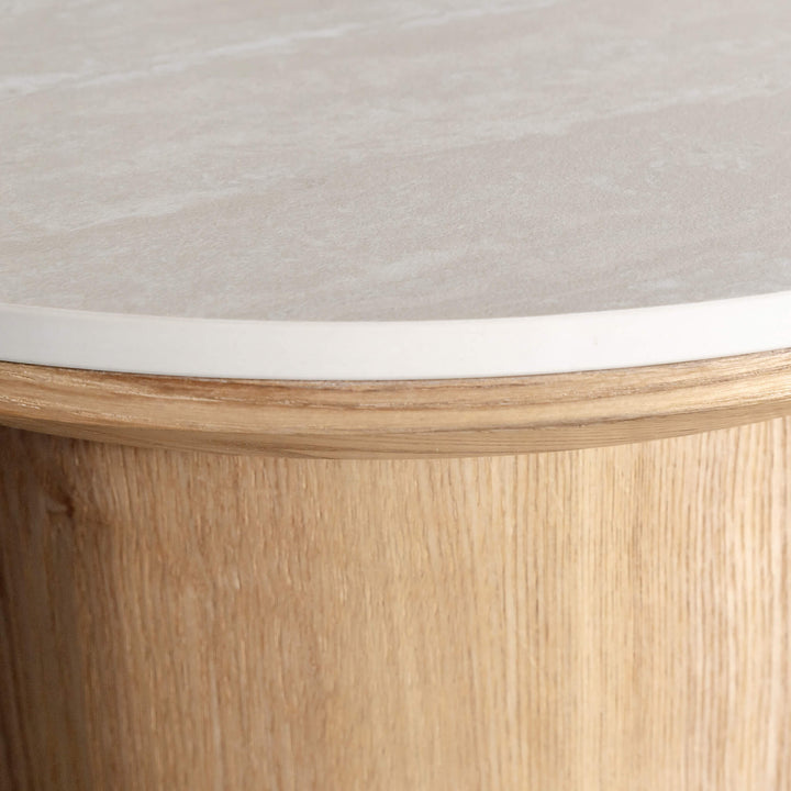 TREVELO TABLE  |  BIRCH ASH WOOD GRAIN  |  TRAVERTINE TUMBLED BEIGE CERAMICA TOP