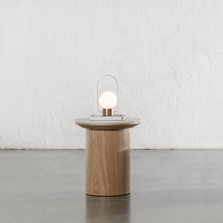 TREVELO SIDE TABLE  |  BIRCH ASH WOOD GRAIN  |  TRAVERTINE TUMBLED BEIGE CERAMICA TOP