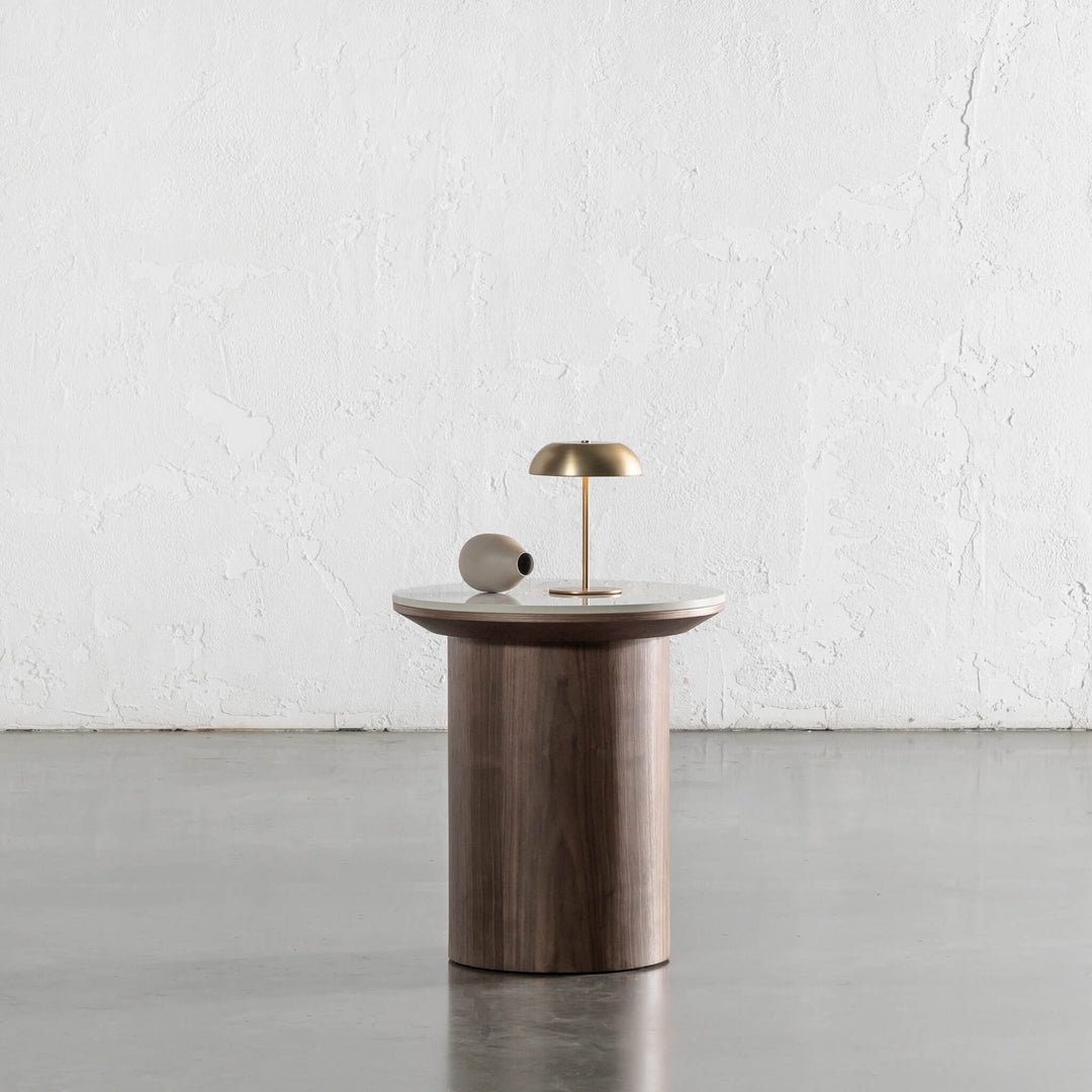 TREVELO SIDE TABLE  |  DEEP WALNUT  WOOD GRAIN  |  CARRARA BIANCO CERAMICA TOP