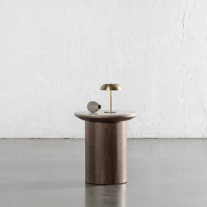 TREVELO SIDE TABLE  |  DEEP WALNUT  WOOD GRAIN  |  CARRARA BIANCO CERAMICA TOP
